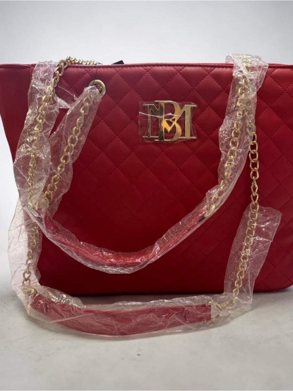 Badgley Mischka Vegan Leather Quilted Red Tote with Gold Chain Detail